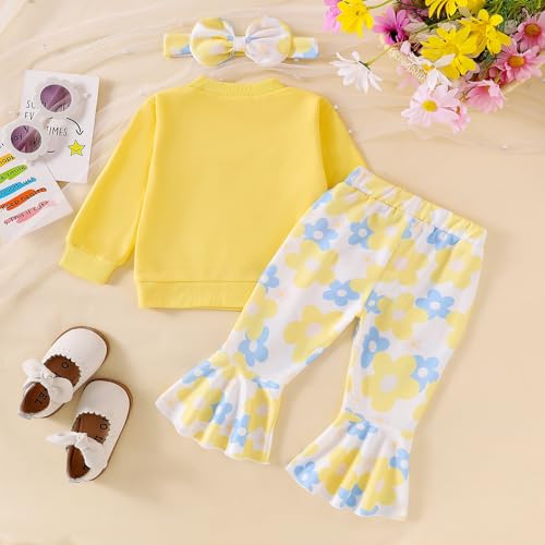 Image of Baby Girl Clothes Fall Winter Long Sleeve Bear Cartoon Sweatshirt Flare Pants Bow Headband Set 6 Months-4 Years Old