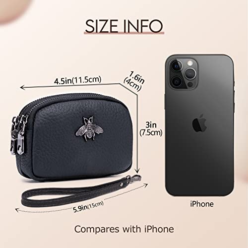 Imeetu Women Leather Coin Purse, Small 2 Zippered Change Pouch Wallet(Black, Wrist Strap) #TOP3