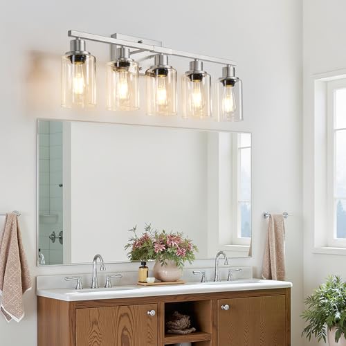 Image of MOKATNG 5-Light Bathroom Light Fixtures, Vanity Light with Clear Glass Shades, Brushed Nickel Bathroom Light Fixtures Over Mirror, Modern Bathroom Wall Lamp for Mirror Living Room Cabinet Bedroom