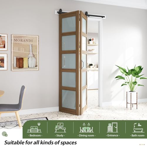 Image of FREDBECK 48X96(Double 24x96) Bifold Frosted Glass Barn Doors Brown