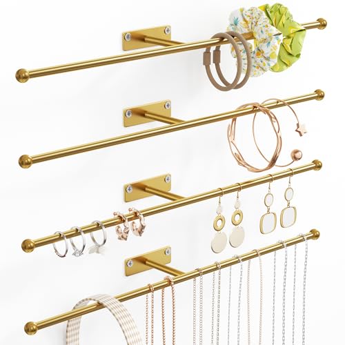 Josmimic Wall Hanging Jewelry Organizer: 12.6 Necklace Holder for Earring Bracelet Rings Hairband Glasses Gold 4-Pack Screws Included