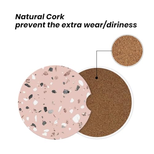 Image of Pink Terrazzo Car Coasters for Cup Holder Absorbent Ceramic Cup Coaster 2 Pack Anti Slip Car Interior Accessories with Finger Notch Cork Base for Women Men 2.56 inch