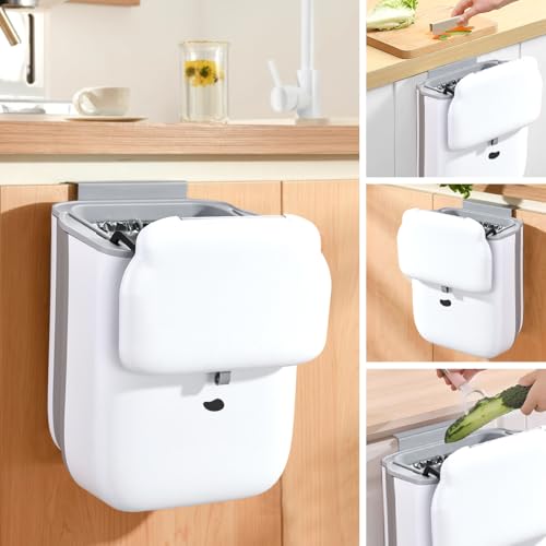 Vninkul Poubelle de Cuisine Suspendue, 10L Poubelle Suspendue Extensible, Poubelle Pliable pour Camping Car avec Couvercle pour Cuisine, Caravane, Salle de Bain, Chambre, Bureau (Blanc)