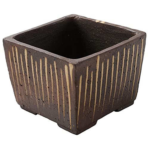 Wazakura-Tokoname-Series-Small-Handmade-Striped-Square-Bonsai-Pot-with-Drainage-Hole-41in-105mm-Made-in-Japan-Ceramic-Training-Starter-Container-Decorative-Flower-Planter-Brown Wazakura Tokoname Series Small Handmade Striped Square Bonsai Pot with Drainage Hole 41in 105mm Made in Japan Ceramic Training Starter Container Decorative Flower Planter Brown