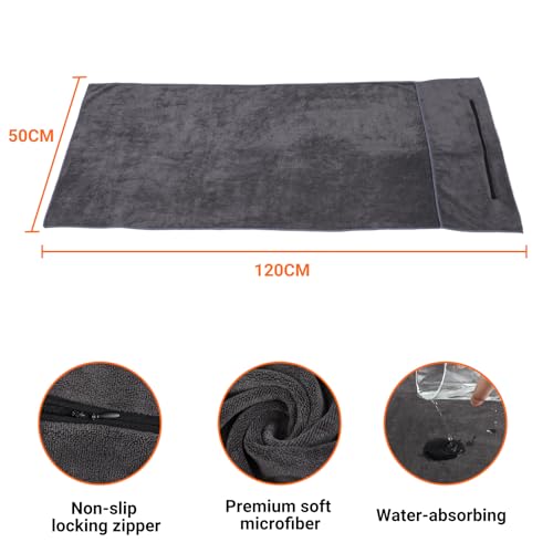 Fitnesshanddoek 120 x 50 cm, sporthanddoek, sporthanddoek, fitnessstudio, microvezel handdoeken met ritssluiting en bevestigingscapuchon voor sport, yoga, ontspanning en outdoor-gebruik, grijs - Afbeelding 3