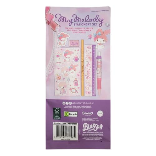 HK My Melody Stationery Set - Includes ruler, eraser, pen, pencil, sharpener, and sticker sheet-Stationery Set, Back to School Gift, Pink - Image 2