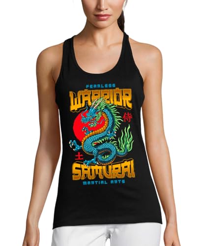 PIXEL EVOLUTION Japansk drake krigare samuraj kampsport dam linne, svart, XS