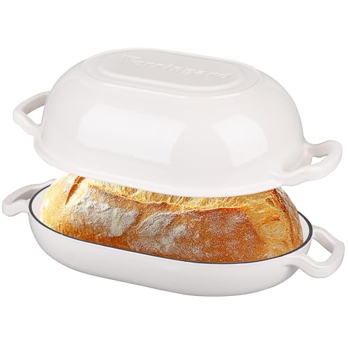 VORRINGARD Enameled Cast Iron Sourdough Bread Oven, Dutch Oven, Loaf Cast Iron Bread Pan for Homemade Bread Baking, Meatloaf Pan with Lid, 7QT, White
