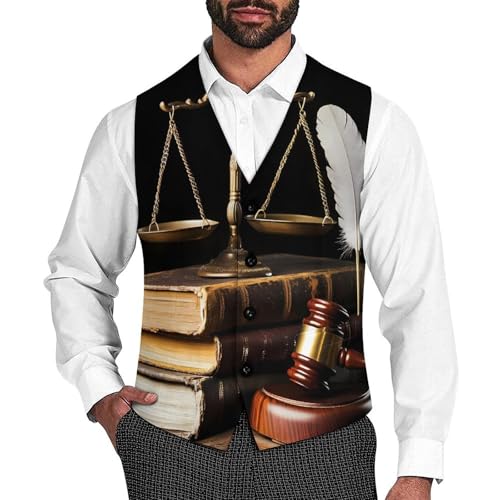 Law Firm Scales Justice Hammer Men's Suit Vests Business Formal Dress Vest V-Neck Waistcoat for Wedding Casual