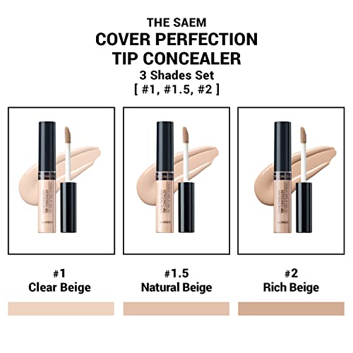 The Saem Cover Perfection Tip Concealer 3 Color Set, Liquid Multi-Use Concealer, Full Coverage Makeup For Acne Dark Spots Dark Circles Hyperpigmentation And Blemishes, 0.2 Fl.oz. (#1, 1.5, 2) #TOP1