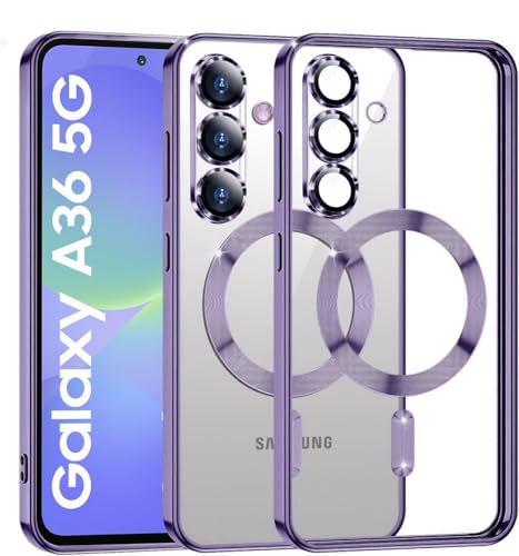 Image of VONZEE Clear Logo Electroplating Transparent Case For Samsung Galaxy A36 5G, Magnetic Plating Electroplate Tpu Case Cover, Individual Camera Protection For Each Lens- Deep Purple