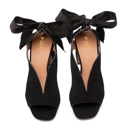 YDN Women V Cut Sandals Back Lace Up Block Mid Heels Open Square Toe Dress Shoes Wedding Club Size 4-16 US2