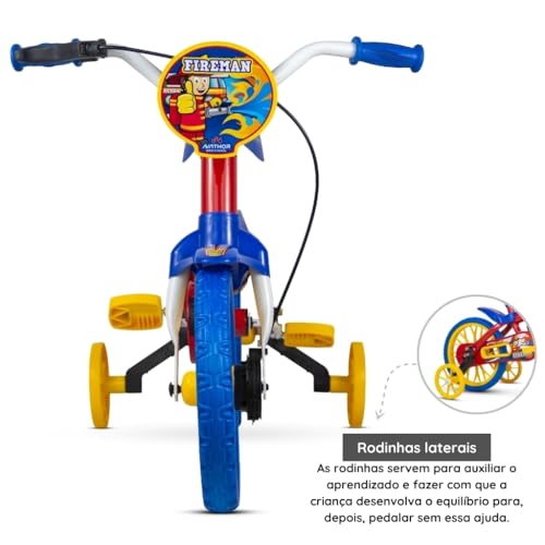 Bicicleta Infantil Fireman com Aro de 12 Polegadas, Rodinhas, Capacete, Vermelho/Azul