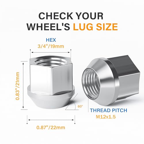 Image of 24 PCS M12x1.5 Wheel Lug Nuts, Open End Cone Seat Bulge Acorn Lug Nut One-Piece lugnuts 0.83 inch (21mm) Long 3 /4 inch (19mm) Hex, Chrome