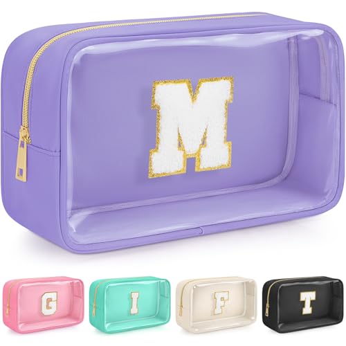 WELIDAY Initial Clear Makeup Bag, Birthday Gift Chenille Patch Cosmetic Bag