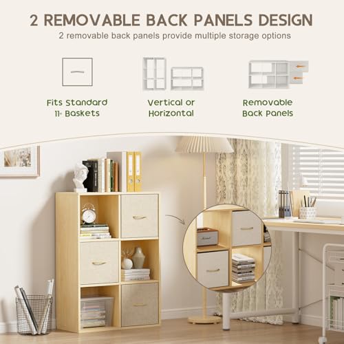 EXPERLAM 6 Cube Storage Organizer - Solid Wood Bookshelf with 3 Storage Bins, Cube Shelf with 2 Removable Back Panels, Vertical or Horizontal Bookcase, Open Book Shelf for Bedroom, Living Room, Office - Thumbnail 5