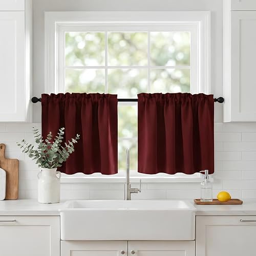 NICETOWN Christmas Curtains for Kitchen, Farmhouse Style Rod Pocket Red Holiday Curtains 24 Inch Length, Xmas Window Treatments Tiers for Bedroom, 42 x 30 inch Long, cortinas de Navidad, 1 Pair