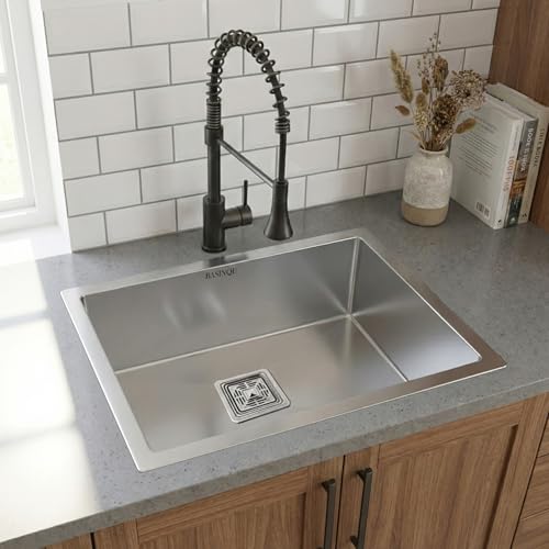 Image of BASINQU Kitchen Sink 21x18x10 Inch Handmade Single Bowl Sink for Kitchen Basin Brushed Matte Finish 304 Grade Stainless Steel Including Coupling Fruit Tray Hose Pipe Kitchen Sinks