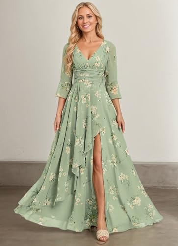 Half Sleeve Mother of The Bride Dresses for Women Long Chiffon Ruffles Elegant Formal Evening Gown with Slit3