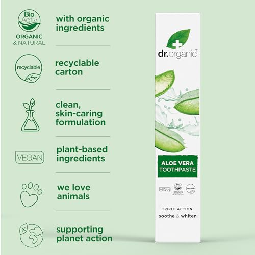 Dr Organic Aloe Vera Zahnpasta, Aufhellend, Natürlich, Vegan, Tierversuchsfrei, Paraben- & SLS-frei, Bio, 100ml – Ansicht 3
