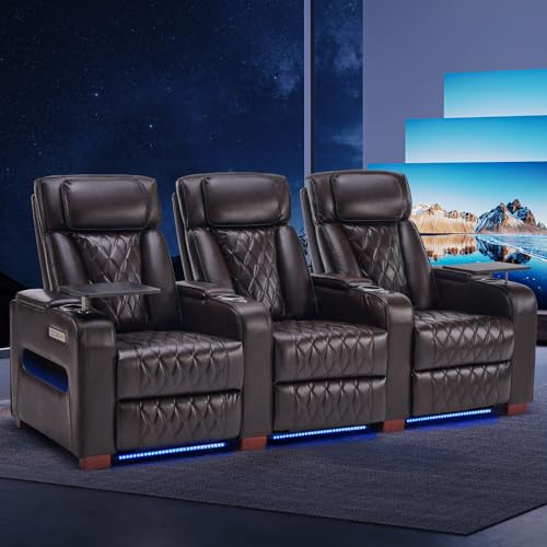Image of Luxury Home Theater Seating - Power Recliner with Adjustable Headrests, Blue LED Ambient Lighting, Tray Table, USB & Type-C Charging (Dark Brown,2 Seat)