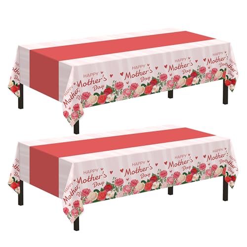 Childom 2 Pack Mothers Day Tablecloth,Mother's Day Party Decorations,54" x 108" Plastic Disposable Tablecloths for Rectangle,Plastic Table Covers for Mom Birthday Party Supplies Holiday Buffet Table