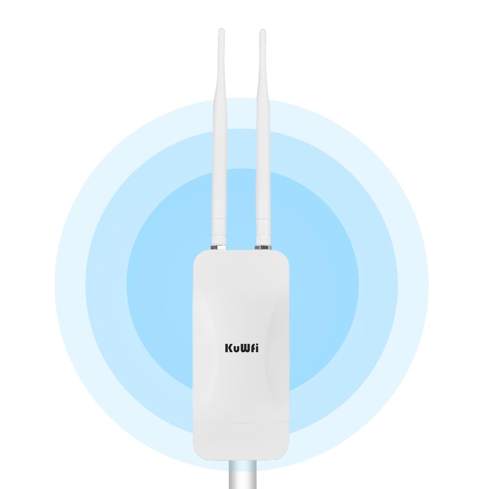 KuWFi Répéteur WiFi Extérieur AC1200 Double Bande, Point d'Accès PoE | Accès Internet 300 Mbps avec emplacement SIM, PoE 48 V, WAN/LAN pour CCTV, Starlink, jardin, usine et entrepôt