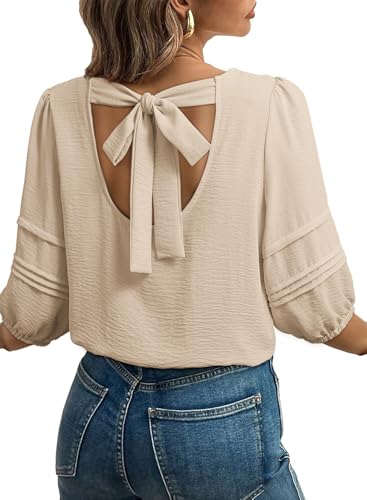 Dokotoo Womens Summer Tops 2026 Fashion 3/4 Length Sleeve Shirts for Women Solid Crewneck Elegant Backless Tops and Blouses for Women Dressy Casual Loose Business Office Work Womens Blouse Apricot L