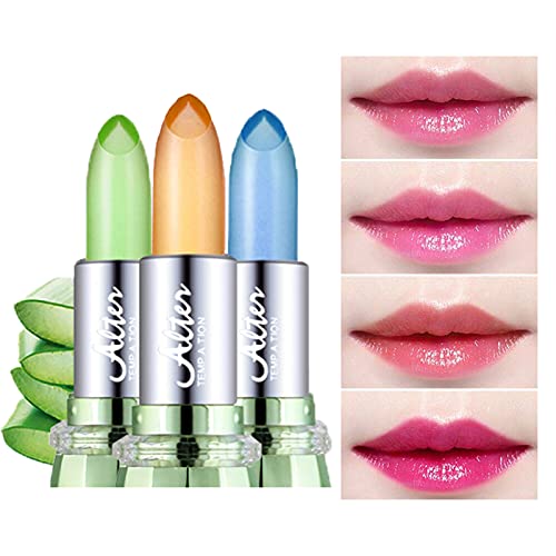 3Pcs Aloe Vera Lipstick Set, Crystal Jelly Lip Stains Waterproof Long Lasting Moisturizing Non-Marking Non-Stick Cup Magic Temperature Color Change Lip Balm Set #TOP2
