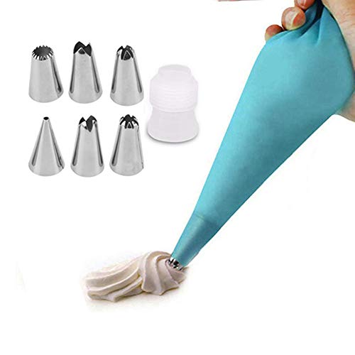 Silicone Pastry Piping Bag with 6 Pcs Stainless Steel Tips Set, Messar Reusable Pastry Bag DIY Cake Decorating Tool - Icing Nozzles & Cream Bag Kit for Frosting & Dessert Decoration 1 Set (8 Pcs)