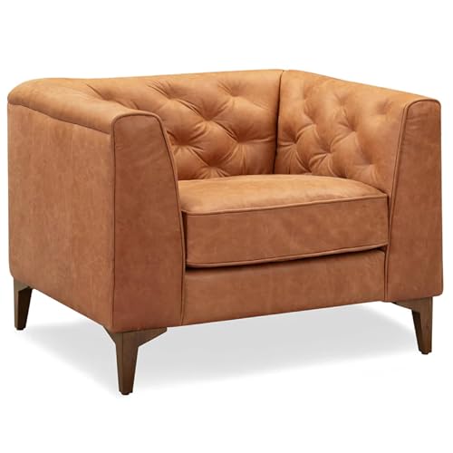 POLY & BARK Essex 40" Lounge Chair – Full-Grain Pure-Aniline Italian Leather, Tufted Back & Arms, Feather-Down Cushioning, Walnut Wood Legs - Cognac Tan