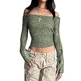 ORANDESIGNE Damen Sexy Off Shoulder T-Shirt Langarm Schlank Crop Top Y2K Vintage Harajuku T-Shirt Oberteile Langarmshirt Casual Shirt Tunika Bluse Langarmtops Lässig T-Shirts D Grün L