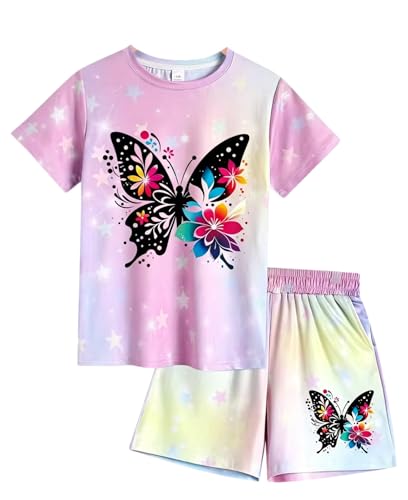 Image of 7-14Y Tween Girl Clothes 2 Piece Short Sleeve Tie Dye Heart Print Top and Shorts Teen Girl Summer Outfits Short Set