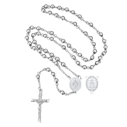 FaithHeart Rosary Beads Catholic Necklace for Men, St Michael/St Christopher/Virgin Mary Prayer Rosaries with Crucifix Cross Stainless Steel Praying Rosary Necklace Virgin Mary-Silver Steel