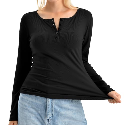 Walifrey Women's Long Sleeve Henley Shirts Ribbed Knit - image 4