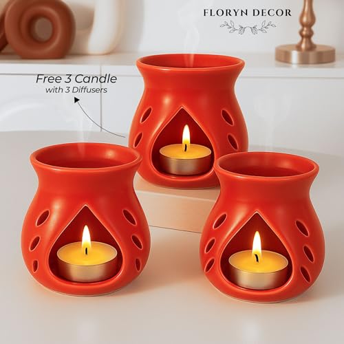 Image of Floryn Decor Ceramic Diffuser with Free 3 Tealight Candles | Home Fragrance, Spa, Office & Yoga | Aromatherapy Gift Set of 3 (Red)