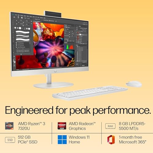 Image of HP AIO 24, AMD Ryzen 3 7320U,8GB LPDDR5, 512GB SSD (Win11,Office24) Anti-Glare, FHD, 23.8inch(60.5 cm), 510SP White Wireless Keyboard and Mouse Combo,Radeon Graphics,White, 5.27kg,24-cr0014in /cr0016in