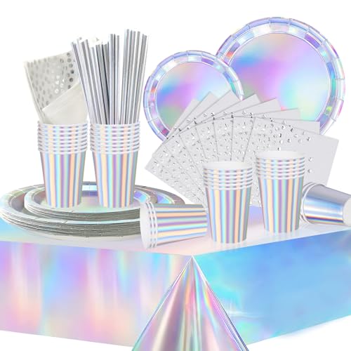 COLANANA Party Supplies,Party Tableware Set,Silver Birthday Decorations Contain Plates Tablecloth Cups Napkins Paper Straws for Baby Shower Birthday Wedding Partys Anniversary(16 Guests)