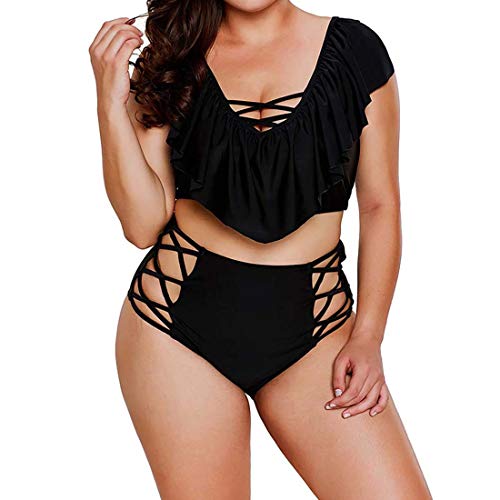 Lencería Sexy Tallas Grandes Color Sólido con Cuello En V Manga Corta con Volantes Bañador,Negro,XXL Cover