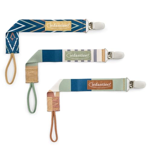 Image of Infantino 3-Pack Pacifier Clip Holders, Universal Fit, Gentle on Clothes, Keeps Pacifiers Clean & Close, Ages 0-36 Months, Geometric Blue