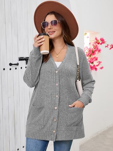 AusLook Plus Size Women Long Sleeve Cardigan Light Gray 4X Open Front Button Down Lightweight Casual Sweater Cover Ups Shrugs Shawls and Wraps Kimono Jacket Coat with Pockets — view 3