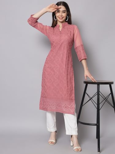 Image of Ekasya Women's Georgette Embroidered Work Kurta with Notch Neck 3 /4 Sleeves Straight Cut Calf Length | E1547