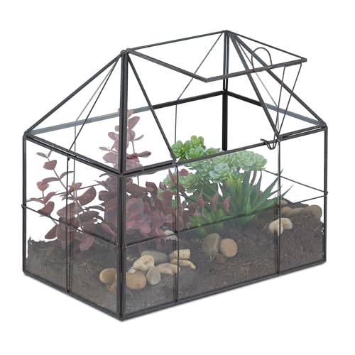 Relaxdays Pflanzenterrarium, Glas & Kupfer, 21x23x14 cm, Deko Glashaus Kakteen & Moos, Glaskasten Fensterbank, schwarz