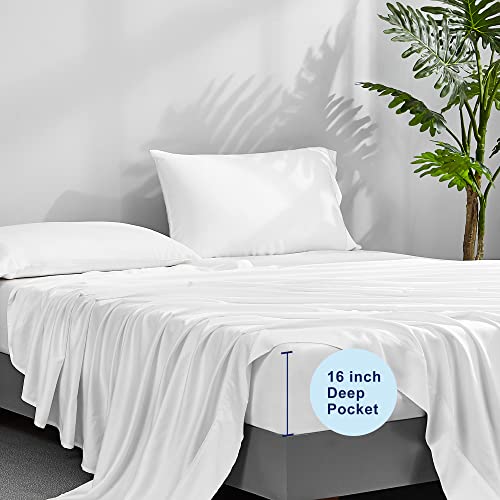 ACCURATEX Cooling Sheets Twin Size - Viscose Made from Bamboo, Luxury Cool Silky Sheet Set for Twin Size Bed, Super Soft Breathable Bedding Sheets up to 16 inches Deep Pockect,White
