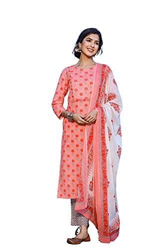 Image of Vaamsi Women's Cotton Blend Floral Straight Kurta Pant With Dupatta