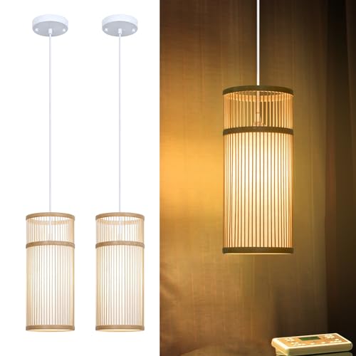 2 Pack Bamboo Pendant Light - Mini Pendant Lights Bedroom - Natural Hand-Woven Bamboo Light Fixture for Home Decor