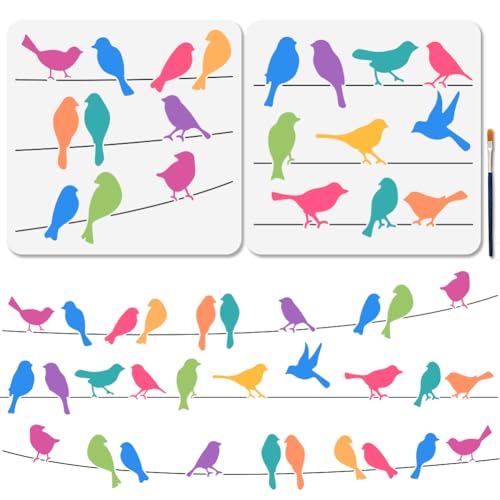 MAYJOYDIY 2 Pochoir pour Oiseaux Sur Fils 30×30cm Silhouette de Moineau Modèles de Pochoirs de Dessin D'Oiseaux Volants avec Pinceau pour Meubles en Bois...