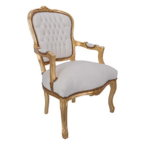 Way Home Store - Sillón estilo Luis XVI dorado y piel sintética blanca con tachuelas - Madera completa - Dimensiones: 60 x 65 x 94 cm