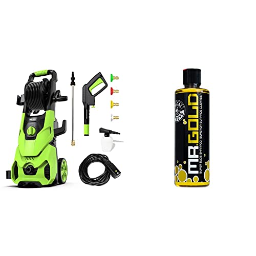 Rock&Rocker Powerful Electric Pressure Washer, Green & Chemical Guys CWS21316 Mr. Gold Foaming Car Wash Soap (Works with Foam Cannons, Foam Guns or Bucket Washes), 16 fl oz, Pina Colada Scent