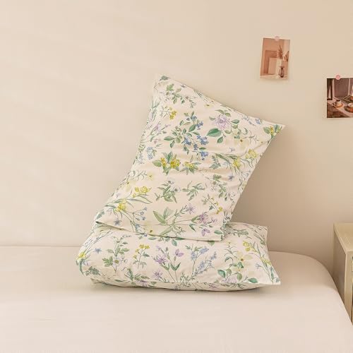 Image of ECOCOTT Floral Pillowcases Standard Size Set of 2, 100% Washed Cotton Pillow Cases with Envelope Closure, Botanical Wildflower Printed Pillow Covers